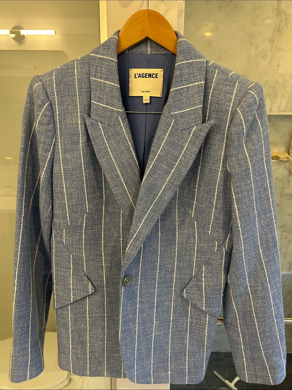 L'AGENCE Blue Pinstripe Notch-Lapel Blazer